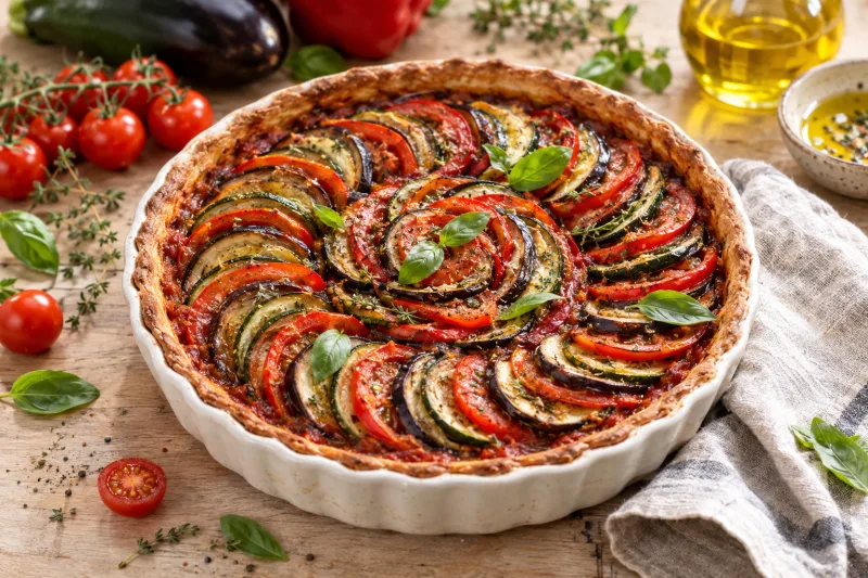 Vegane Ratatouille-Tarte mit buntem Gemüse auf einem Teller