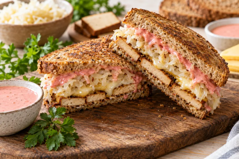 Veganes Reuben Sandwich, halbiert, mit geschmolzenem Käse und Sauerkraut auf einem Holzbrett.
