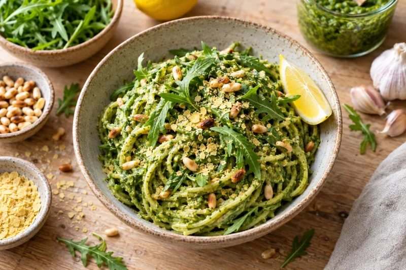 Cremige vegane Rucola-Pesto-Pasta mit Walnüssen und Pinienkernen in einer Schale