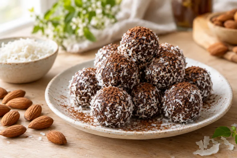 Vegane Rumkugeln in Kokosraspeln auf einem Teller mit Kakaopulver bestäubt