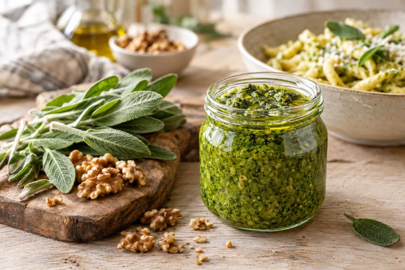 Veganes Salbei-Pesto in einem Glas, daneben frische Salbeiblätter und Walnüsse