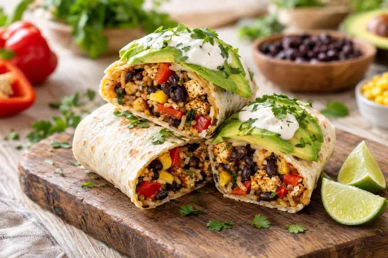 Vegane Tofu-Burritos mit schwarzen Bohnen, Avocado und Koriander auf einem Teller