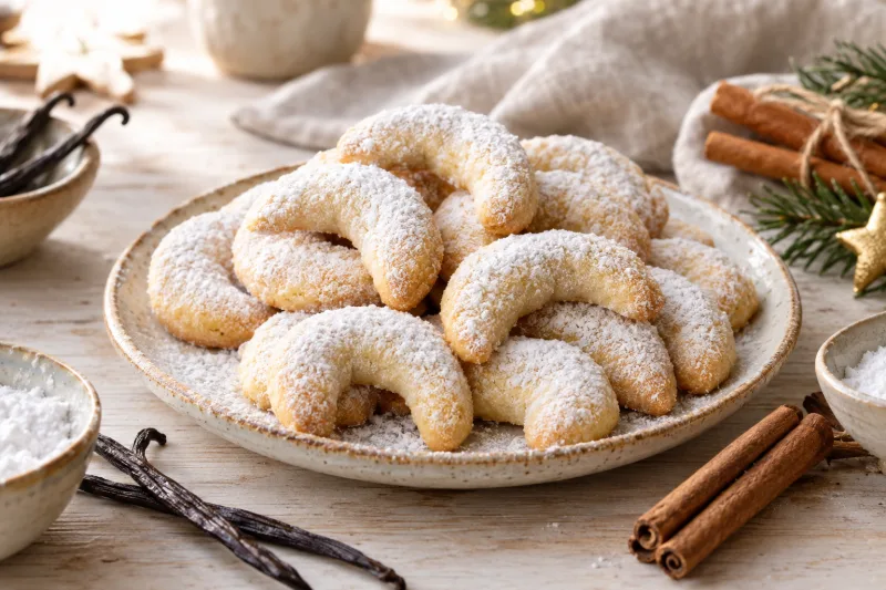 Vegane Vanillekipferl mit Puderzucker bestäubt auf einem weihnachtlichen Teller