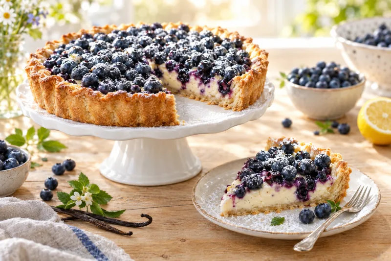 Vegane Blaubeer-Tarte auf einer Kuchenplatte, cremige Füllung und frische Blaubeeren als Topping