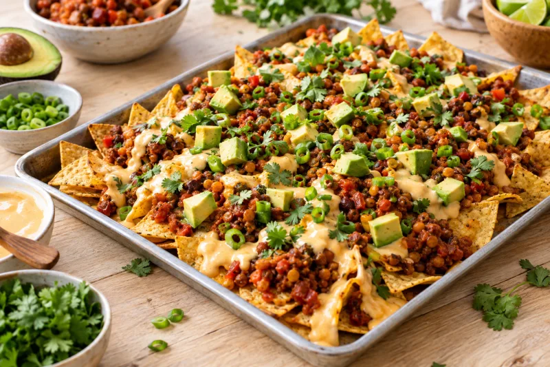 Vegane Chili-Cheese-Nachos mit Linsen-Chili, Cashew-Käsesoße und Avocado auf einem Blech