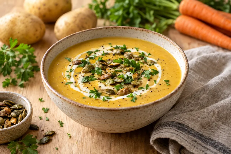 Cremige vegane Kartoffelsuppe in einer Schale mit Petersilie und Kürbiskernen garniert
