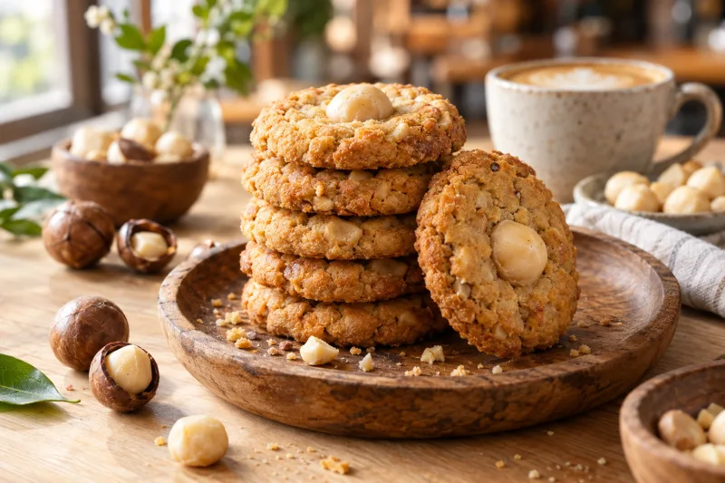 Goldbraune vegane Macadamia-Cookies mit ganzen Nüssen obendrauf auf einem Holzteller