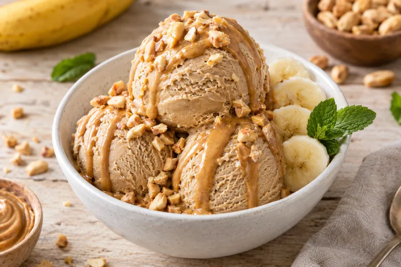 Veganes Bananen-Erdnussbutter-Eis in einer Schale mit gehackten Erdnüssen