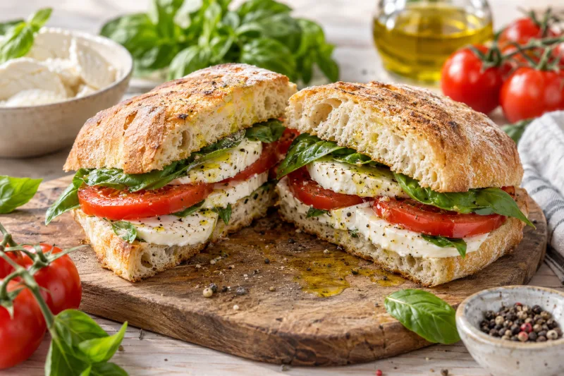 Veganes Caprese-Sandwich mit Tomaten, Basilikum und Cashew-Mozzarella auf einem Holzbrett