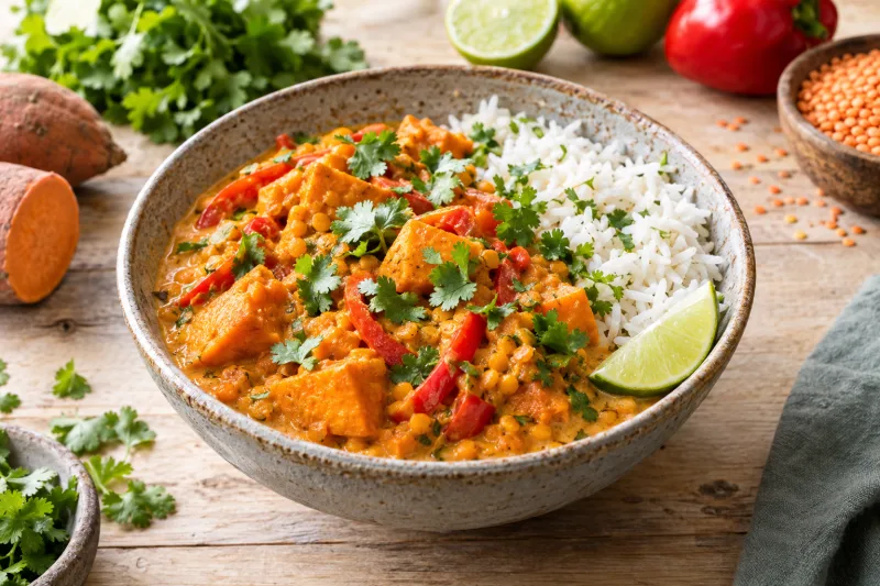 Veganes Süßkartoffel-Curry mit Kokosmilch in einer Schale mit Koriander bestreut