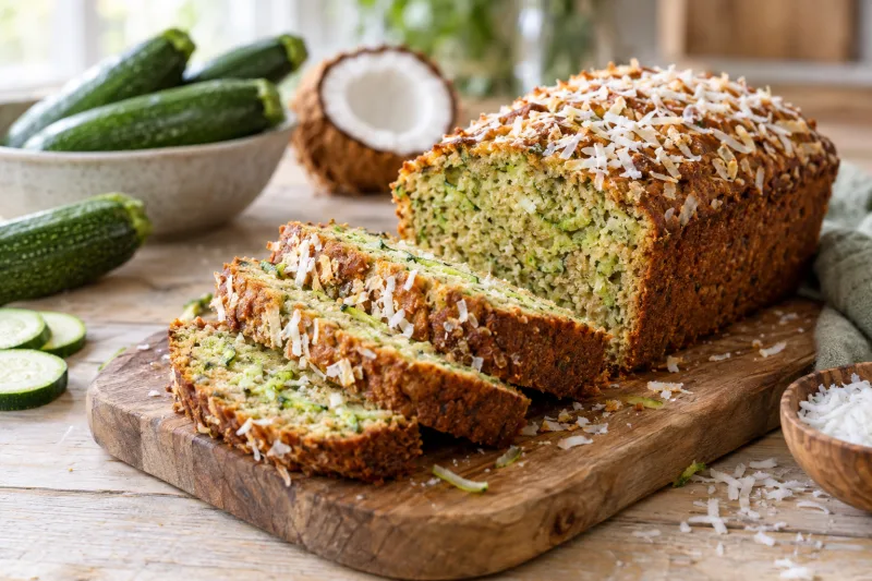 Veganes Zucchini-Kokos-Brot angeschnitten auf einem Holzbrett