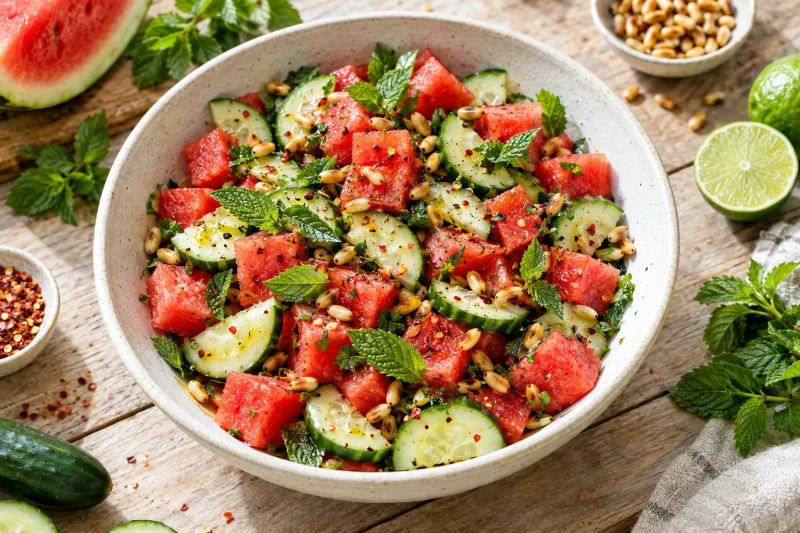 Veganer Wassermelonen-Gurken-Salat mit Minze und Pinienkernen in einer hellen Schüssel