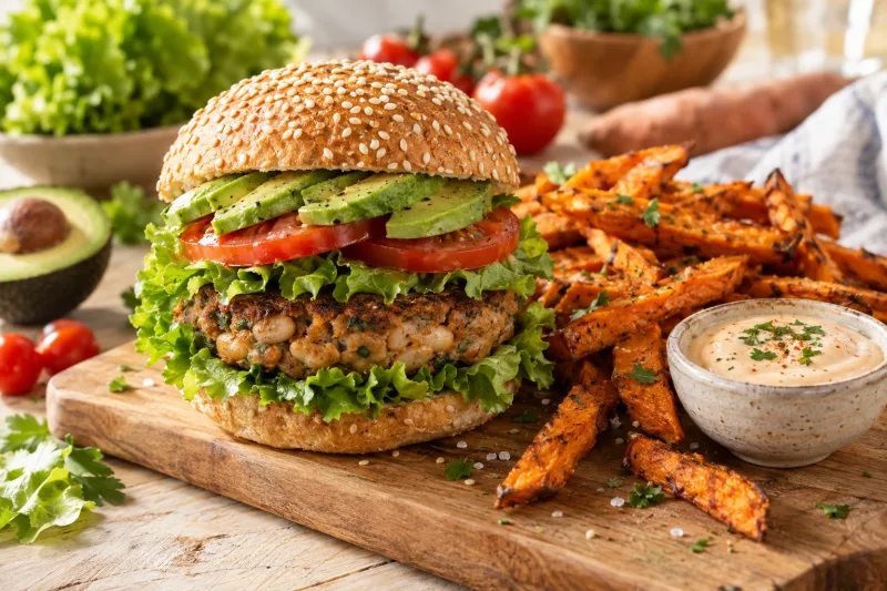 Vegane Weiße-Bohnen-Burger mit Salat, Tomate und Avocado in einem Sesambrötchen.