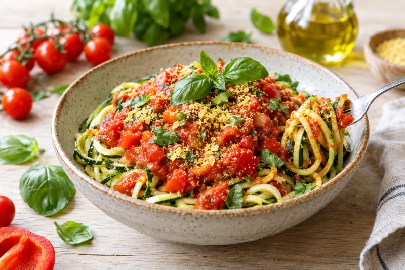 Vegane Zucchininudeln mit Tomaten-Paprika-Sauce, garniert mit Basilikum