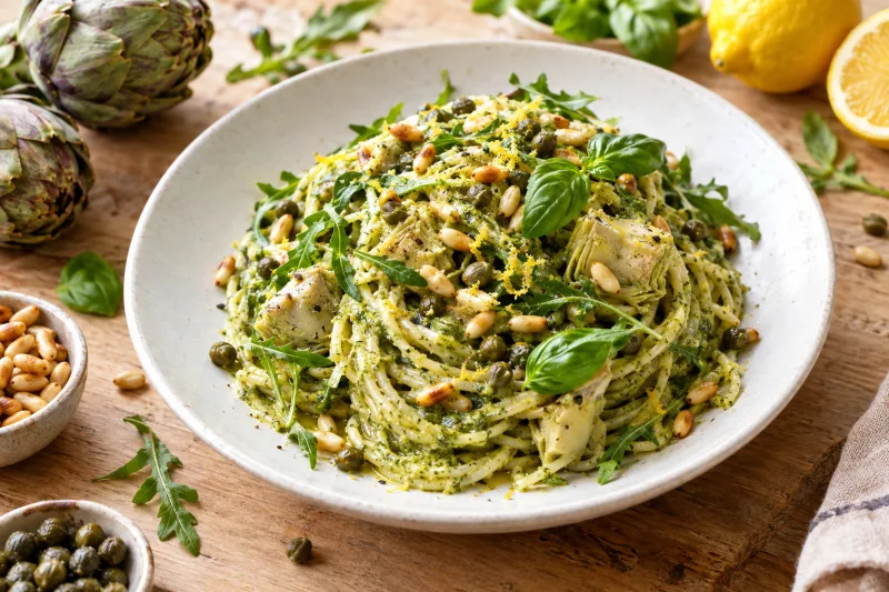 Cremige vegane Artischocken-Pesto-Spaghetti mit Pinienkernen und Rucola auf einem Teller