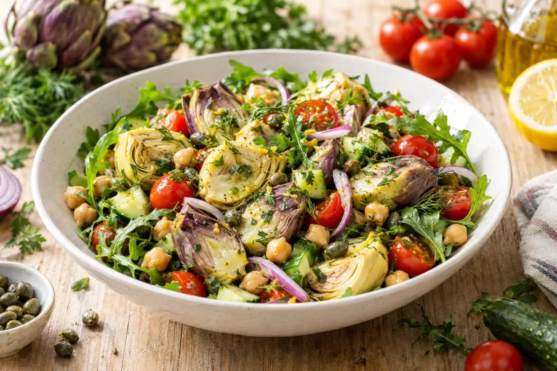 Veganer Artischockenherz-Salat mit Tomaten, Kichererbsen und Rucola auf einem Teller
