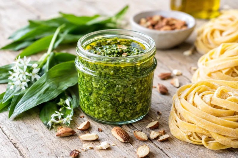Veganes Bärlauch-Pesto in einem Glas mit frischer Pasta und Mandeln