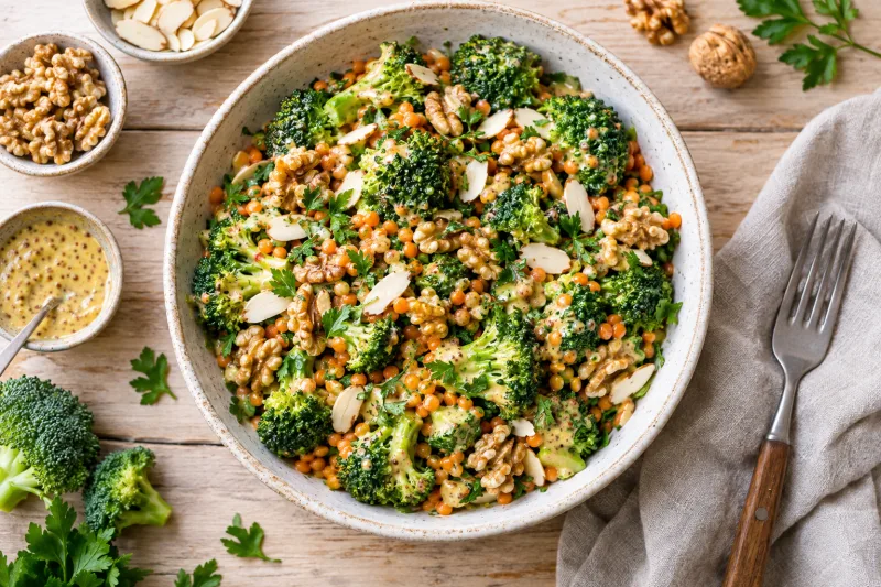 Veganer Brokkoli-Nuss-Salat mit roten Linsen und Walnüssen in einer Schüssel