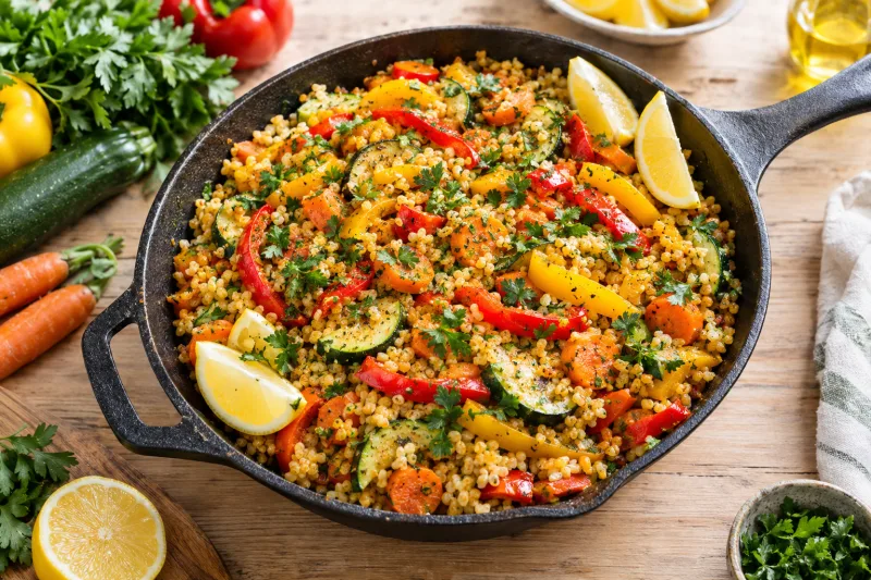 Bunte vegane Bulgur-Gemüse-Pfanne mit Paprika, Zucchini und Petersilie in einer Pfanne