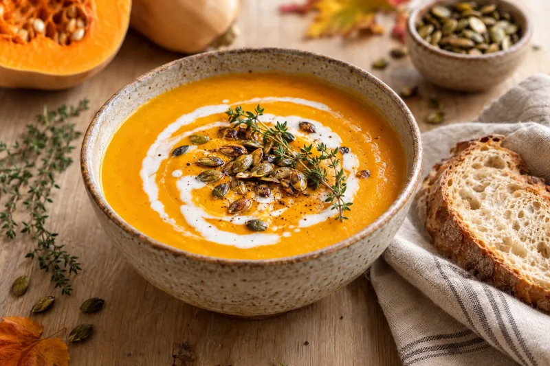 Cremige vegane Butternut-Kürbis-Suppe in einer Schale mit Kürbiskernen und Kokosmilch