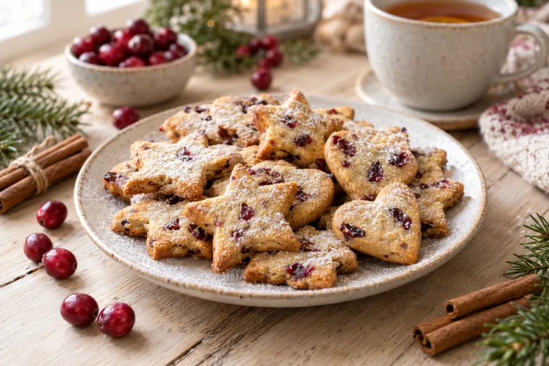 Vegane Cranberry-Weihnachtsplätzchen auf einem Teller mit Puderzucker bestäubt