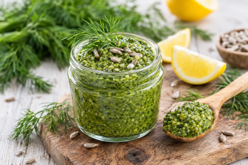 Veganes Dill-Pesto in einem Glas, mit frischem Dill garniert und einem Löffel daneben.
