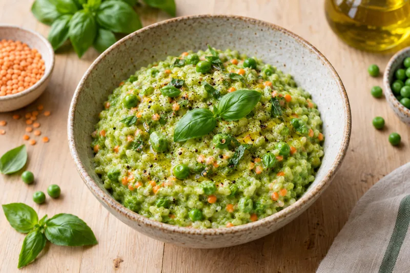 Cremiges veganes Erbsen-Basilikum-Risotto mit roten Linsen in einer Schale, garniert mit frischem Basilikum.