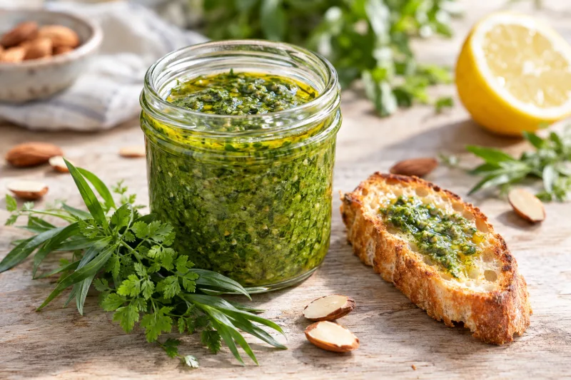 Glas mit grünem Estragon-Kerbel-Pesto, daneben frisches Baguette und Kräuter