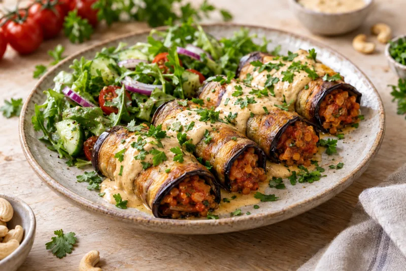 Gebackene vegane Auberginenröllchen mit Linsenfüllung auf einem Teller, mit Petersilie bestreut
