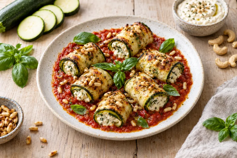 Gebackene vegane Zucchiniröllchen mit Cashewkäse auf Tomatensauce mit Pinienkernen