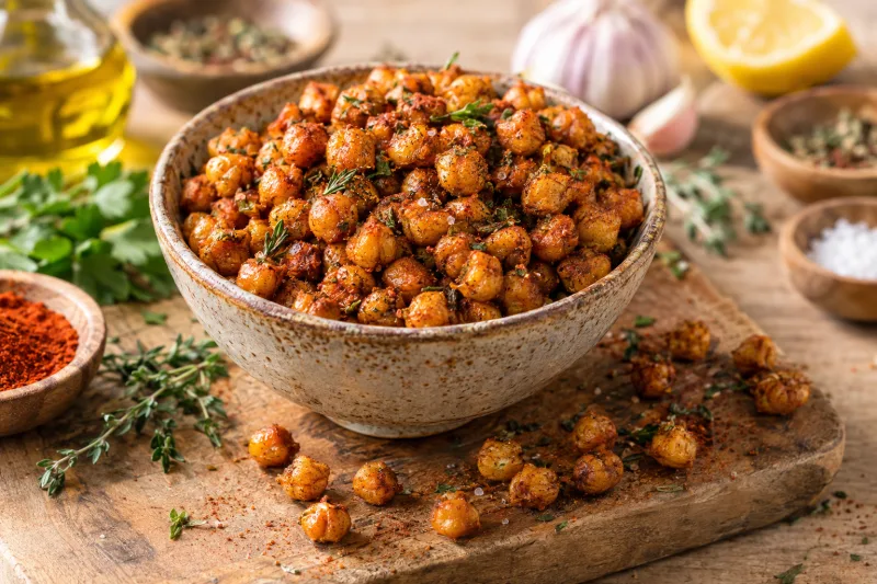 Knusprige geröstete Kichererbsen mit Paprika und Kräutern auf einem Backblech