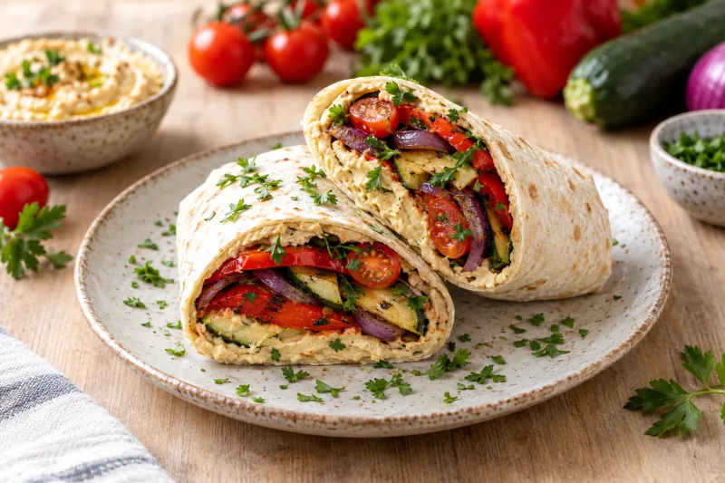 Zwei halbierte vegane Hummus-Gemüsewraps auf einem Teller mit frischer Petersilie