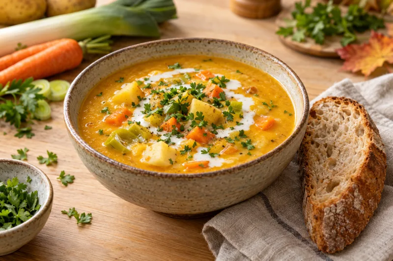 Cremige vegane Kartoffel-Gemüse-Suppe in einer Schüssel mit frischer Petersilie garniert