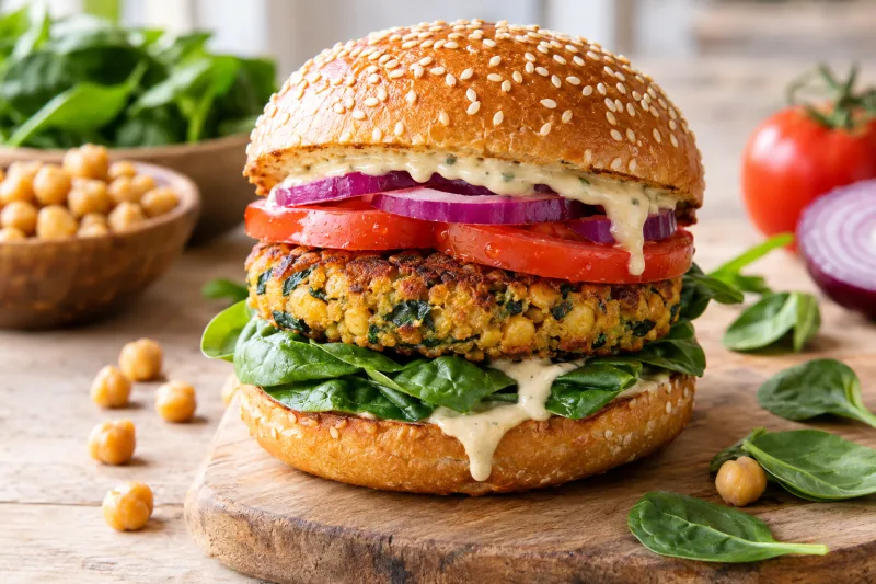 Vegane Kichererbsen-Spinat-Burger mit Tomaten, Zwiebeln und Sauce auf einem Teller