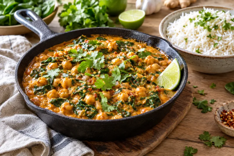Veganes Kichererbsen-Spinat-Curry in einer Pfanne, garniert mit Limettenspalten und frischem Koriander