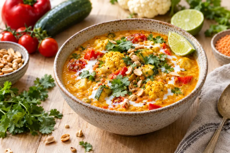 Cremige vegane Kokos-Curry-Gemüsesuppe mit buntem Gemüse und Koriander in einer Schale