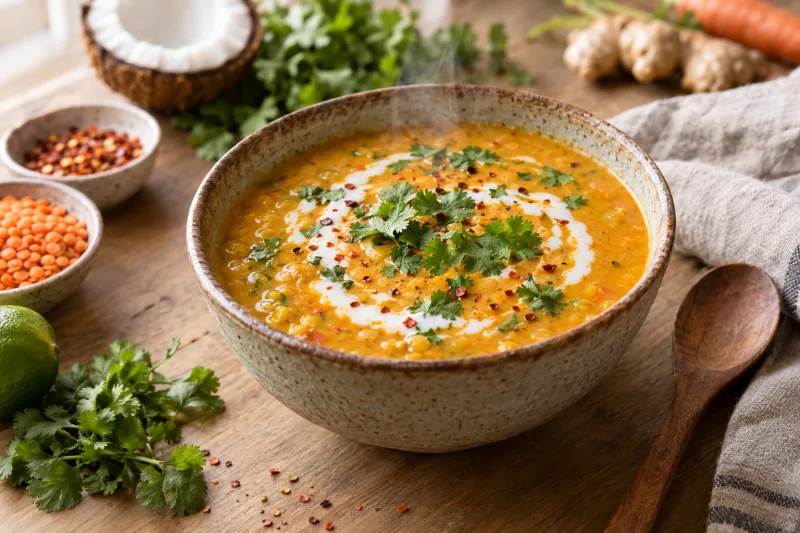 Cremige vegane Kokos-Curry-Linsensuppe mit Koriander in einer Schale