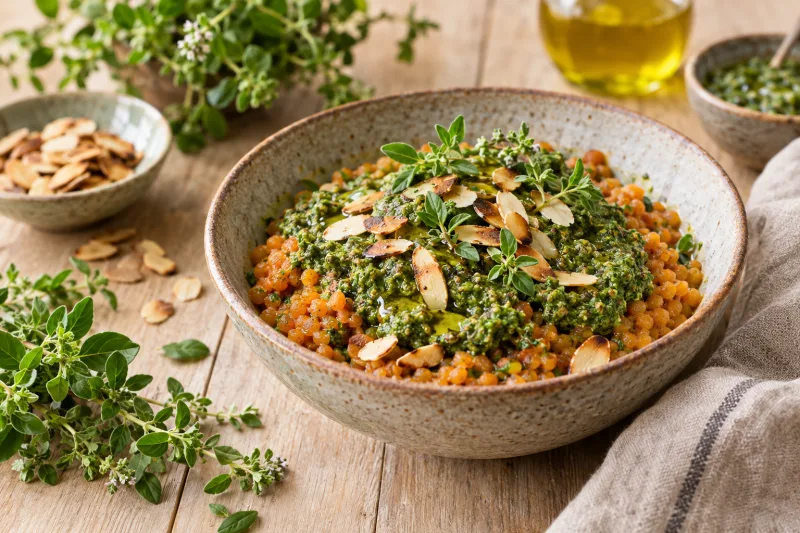 Veganes Majoran-Pesto in einer Schüssel mit roten Linsen und frischem Majoran garniert