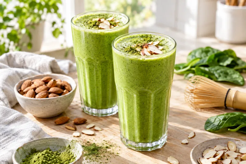 Grüner Mandel-Matcha-Smoothie in zwei Gläsern mit Mandelblättchen garniert