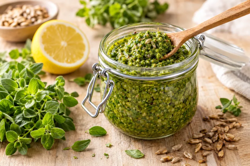 Veganes Oregano-Pesto in einem Glas mit frischer Pasta und Zitrone