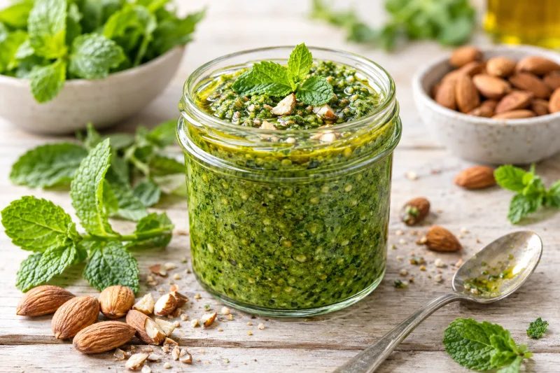 Grünes veganes Pfefferminz-Pesto in einem Glas mit frischer Minze und Mandeln daneben
