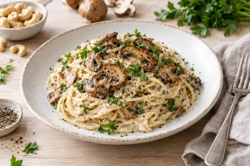 Teller mit cremiger veganer Pilz-Cashew-Carbonara, garniert mit Petersilie