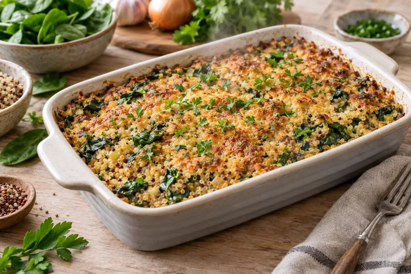 Veganer Quinoa-Spinat-Auflauf mit goldbrauner Kruste in einer Auflaufform, garniert mit frischer Petersilie.