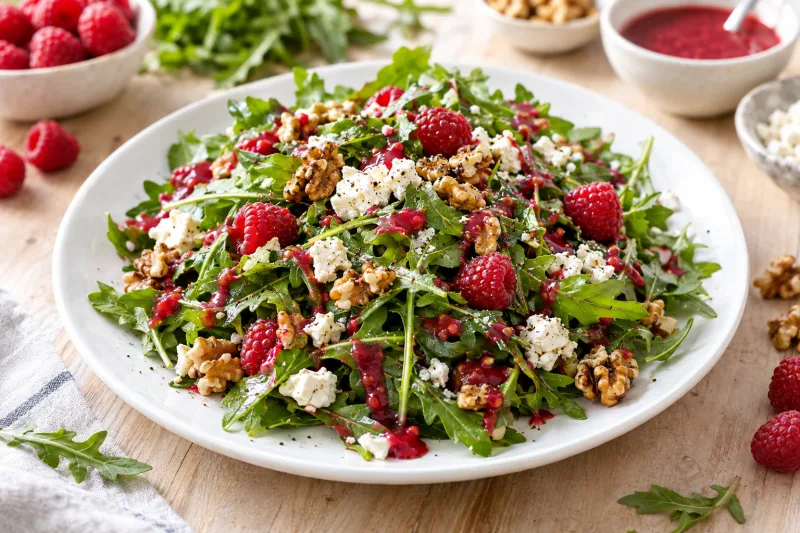 Rucola-Salat mit Himbeer-Vinaigrette, Walnüssen und veganem Feta auf einem Teller
