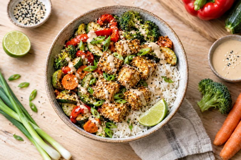 Vegane Sesam-Tofu-Bowl mit buntem Ofengemüse, Reis und Sesam-Dip in einer Schüssel