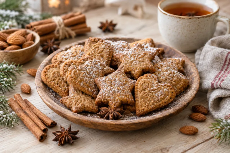 Vegane Spekulatius auf einem Holzteller mit Zimtstangen und Sternanis