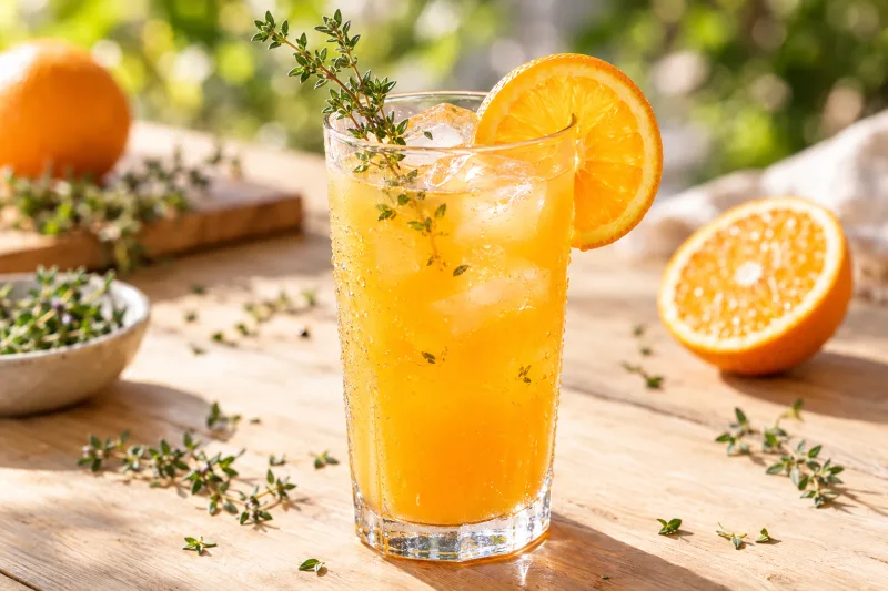 Glas mit orangefarbener Thymian-Orangenlimonade, Eiswürfeln und frischem Thymianzweig