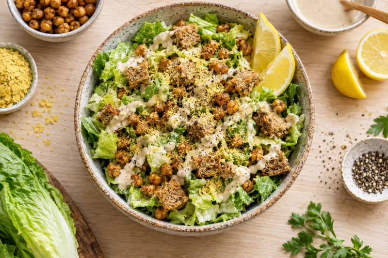 Vegane Caesar-Salat-Bowl mit Römersalat, Kichererbsen, Croutons und cremigem Dressing.