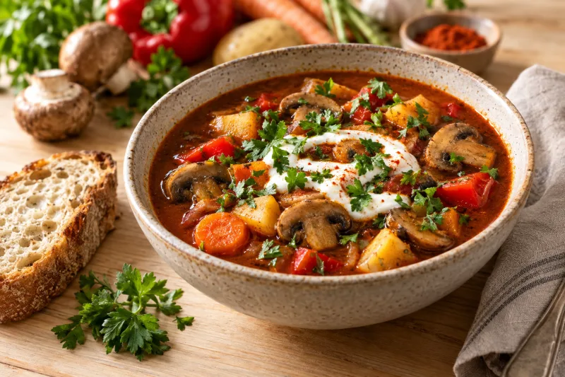 Vegane Gulaschsuppe mit Pilzen, Paprika und Kartoffeln in einer Schale