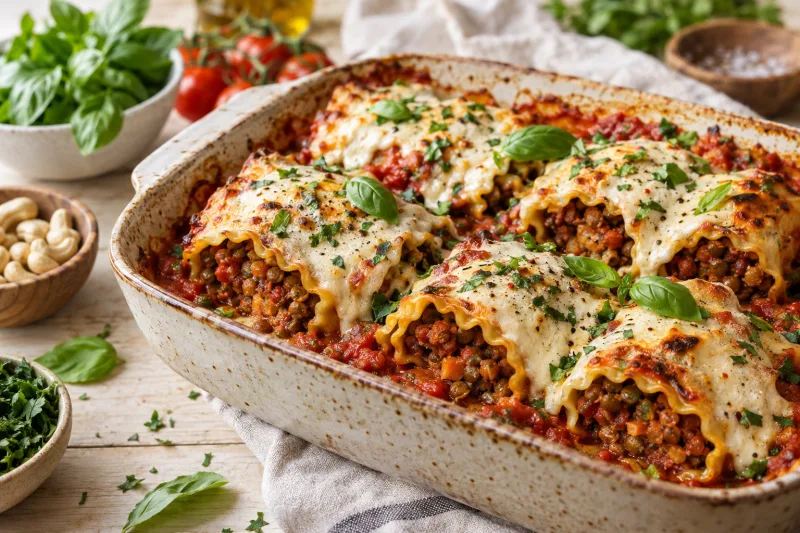 Vegane Lasagne-Rollen mit Tomatensauce und Basilikum in einer Auflaufform
